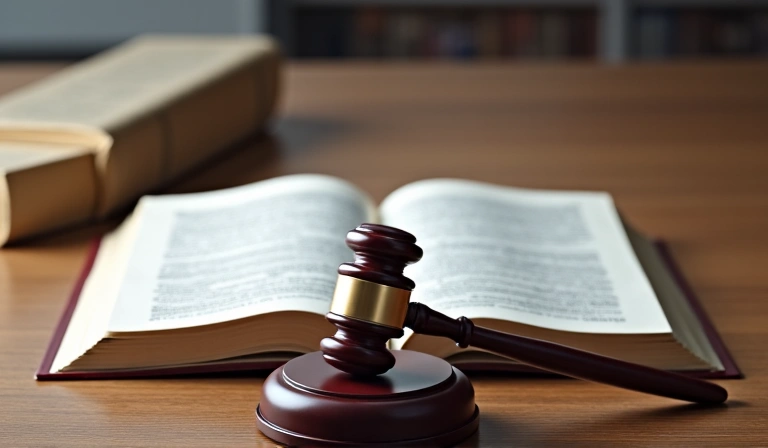 Εικόνα που απεικονίζει ένα βιβλίο νόμων ή νομικά έγγραφα, συμβολίζοντας την εφαρμογή του δικαίου.
